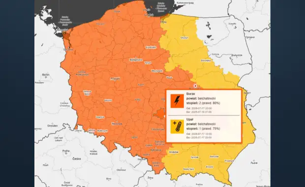 Upał i burze w powiecie bełchatowskim – ostrzeżenia IMGW