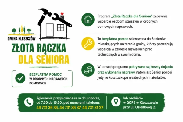 Program „Złota Rączka dla Seniora” w Kleszczowie – bezpłatne naprawy domowe dla mieszkańców 65+