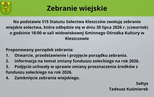 Zebranie wiejskie w Kleszczowie – zmiana funduszu sołeckiego na 2026 rok