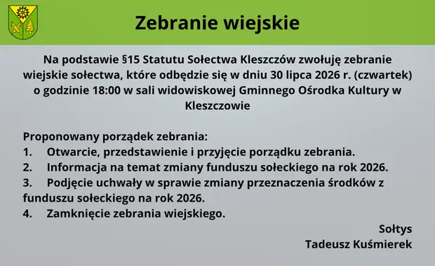 Zebranie wiejskie w Kleszczowie – zmiana funduszu sołeckiego na 2026 rok