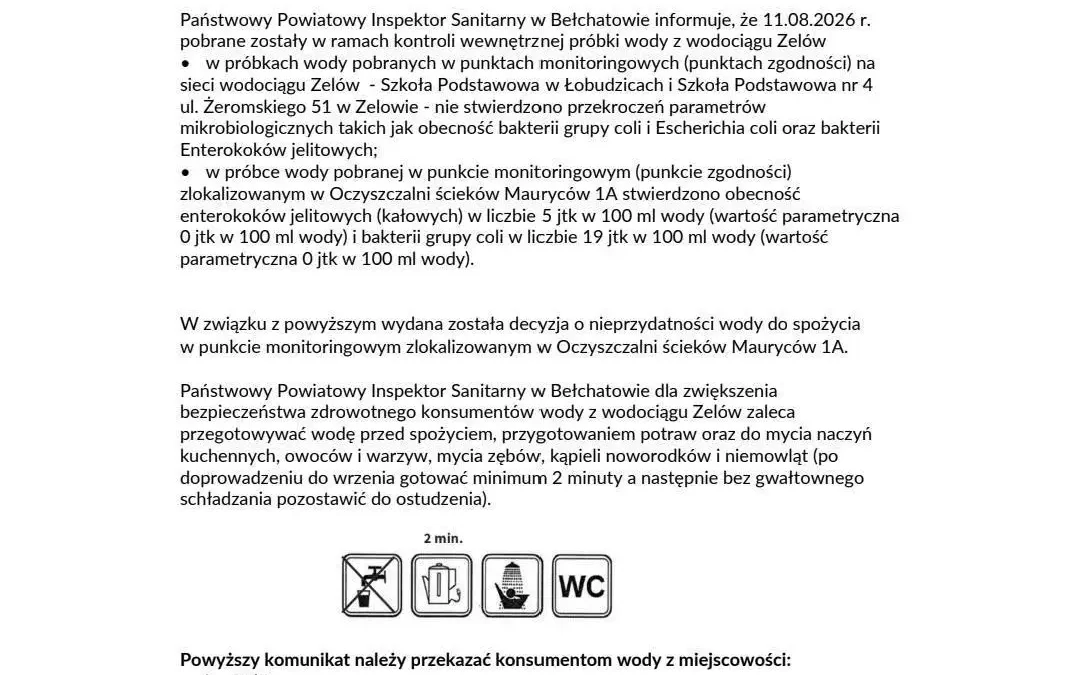 Zanieczyszczenie wody w Zelowie: Sanepid zaleca przegotowywanie