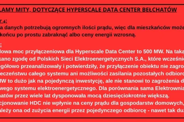 Hyperscale Data Center: 500 MW mocy nie zagrozi dostawom prądu dla mieszkańców