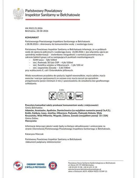 Woda z ujęcia w Ławach warunkowo przydatna do spożycia – konieczne przegotowanie