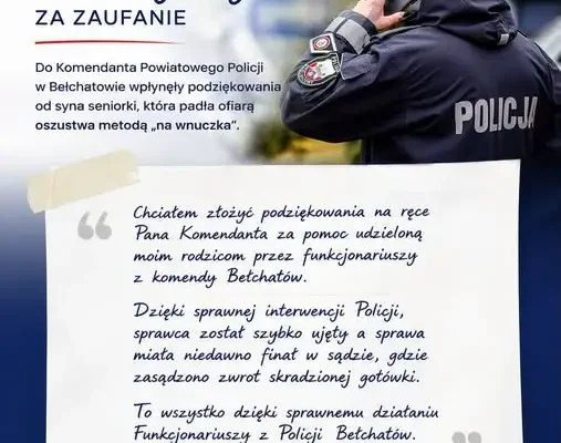 Syn seniorki podziękował policjantom za pomoc po oszustwie „na wnuczka”