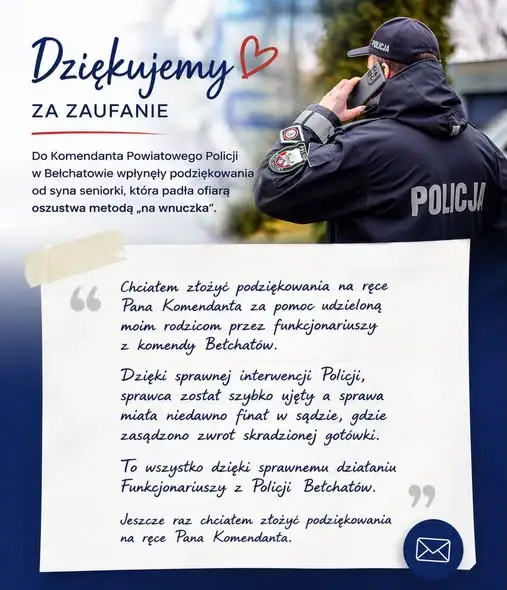 Syn seniorki podziękował policjantom za pomoc po oszustwie „na wnuczka”