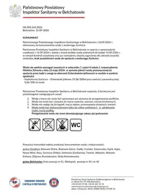 Woda z wodociągu Suchcice niezdatna do spożycia. Sanepid ostrzega mieszkańców trzech posesji