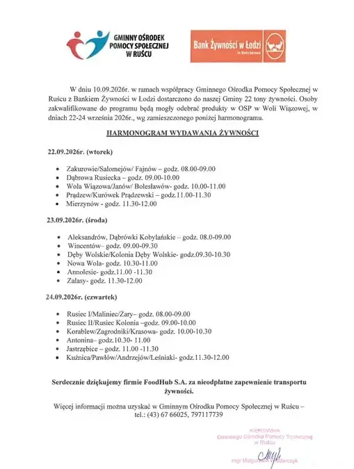 22 tony żywności dla Gminy Rusiec. Sprawdź harmonogram wydawania