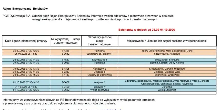 Przerwy w dostawie prądu w Gminie Kleszczów – sprawdź harmonogram