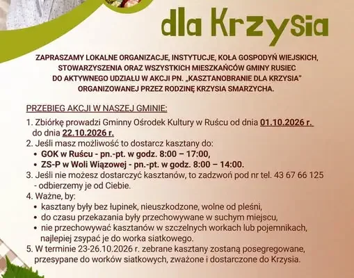 „Kasztanobranie dla Krzysia” – gmina zaprasza do pomocy w rehabilitacji chłopca