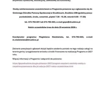 Gmina Drużbice: nabór do programu „Asystent osobisty osoby z niepełnosprawnością” edycja 2027