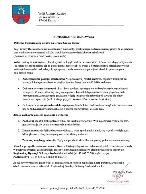 Wilki podchodzą pod zabudowania w Gminie Rusiec. Wójt apeluje o ostrożność
