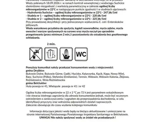 Uwaga mieszkańcy Huty i Wielopola! Woda z wodociągu Suchcice wymaga przegotowania