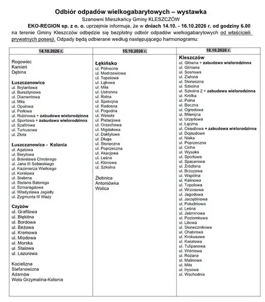 Bezpłatna zbiórka odpadów wielkogabarytowych w gminie Kleszczów – 14–16 października